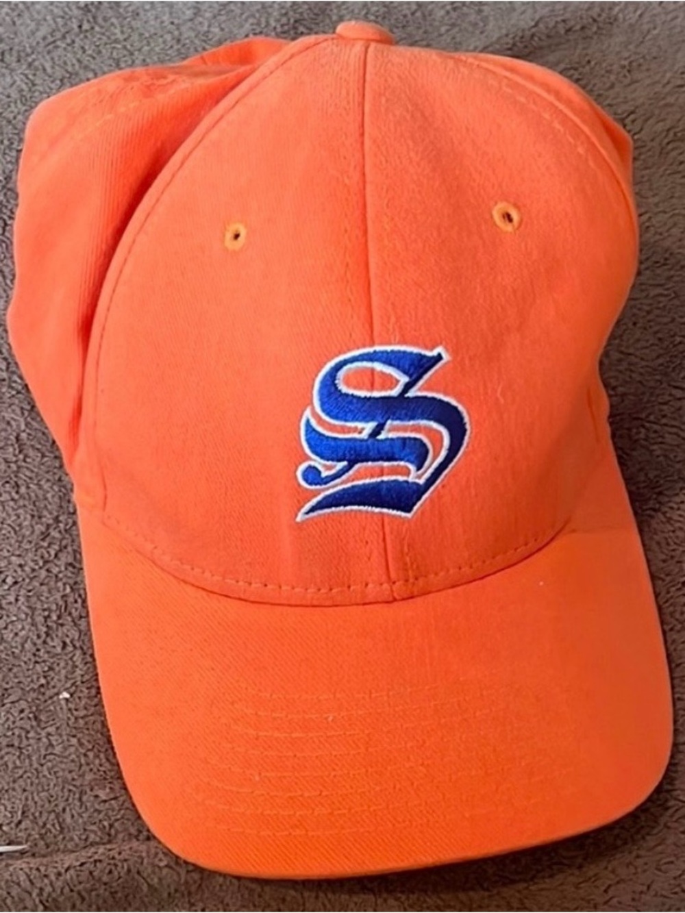 Stussy Orange ball cap white and blue stitching FlexFit S/M Gently Used